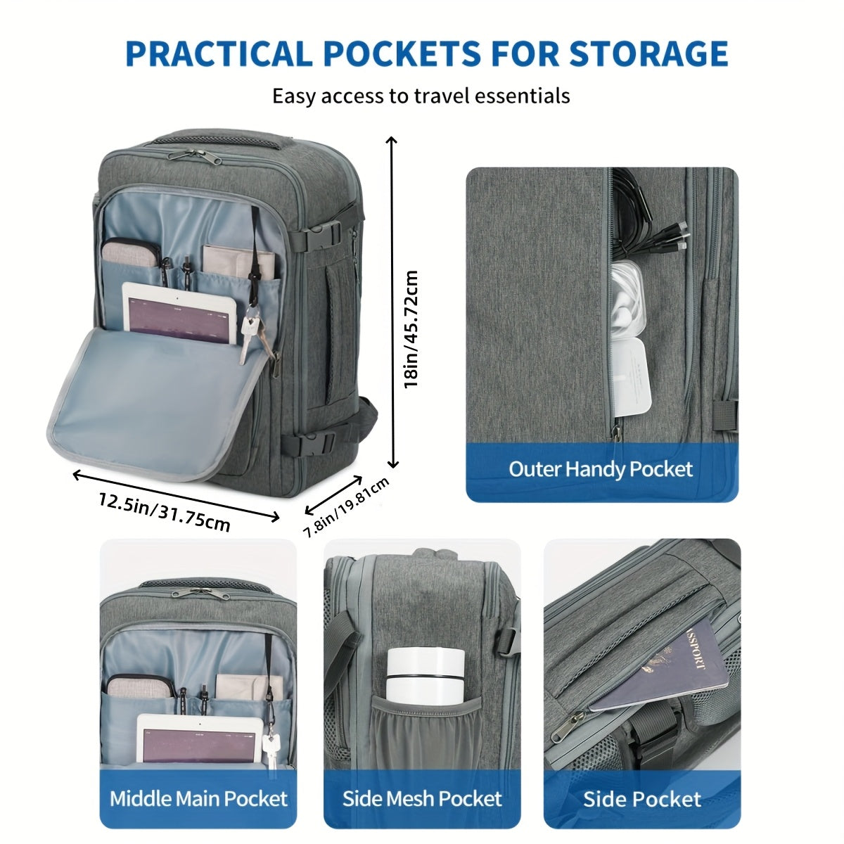Sac à dos cabine extensible approuvé par l'aviation 45X36X20 pouces, bagage à main sous le siège avec poche humide et housse pour ordinateur portable dédiée de 43,18 cm, sac de voyage adapté aux normes TSA pour les voyages d'affaires (Essentiel unisexe 20