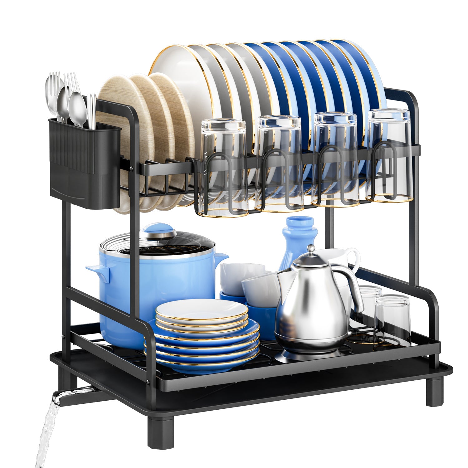 Égouttoir à vaisselle, égouttoir à vaisselle peu encombrant pour comptoir de cuisine, égouttoir avec porte-ustensiles et plateau d'égouttage avec porte-couverts, maison et appartement