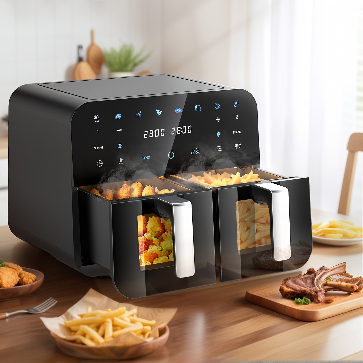 Friteuse à Air Double Panier 10L avec Fenêtres Transparentes, Finition Sync Hi-Fry, Arrêt Automatique, 2 Bacs Indépendants Antiadhésifs de 5L Lavables au Lave-Vaisselle - Noir
