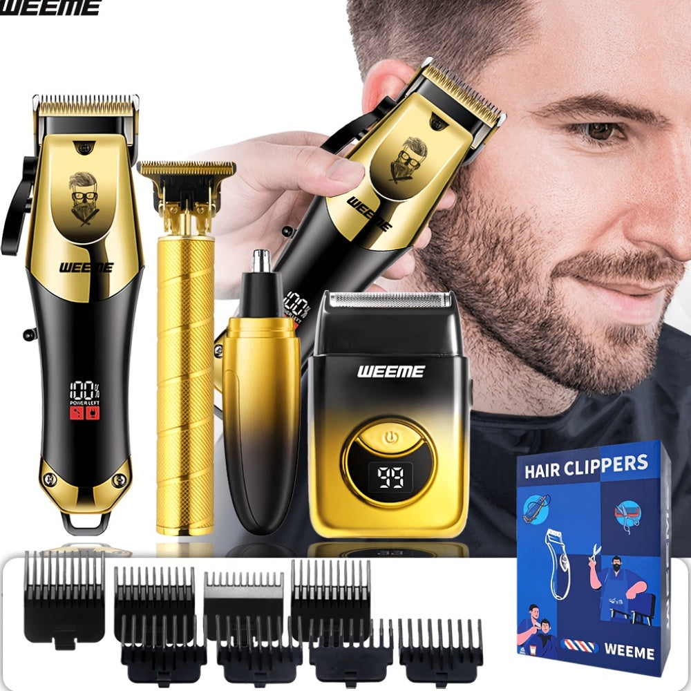 WEEME Kit de Tondeuse à Cheveux 4 pièces pour Hommes, Tondeuse à Cheveux Électrique Sans Fil, Tondeuse à Barbe en Forme de T & Tondeuse à Poils de Nez, Rasoir Électrique, Kit de Coiffure et de Beauté Professionnel pour l'Entretien des Hommes, Usage à Domi