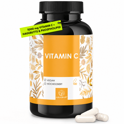 NATURALKRAFT® Vitamine C Premium 1000 Mg Par Dose Quotidienne avec Poudre de Phospholipide de Tournesol et Extrait de Mûrier - 180 Capsules Véganes - Plus Haute Bio-disponibilité, Testé en Laboratoire et Sans Additifs.