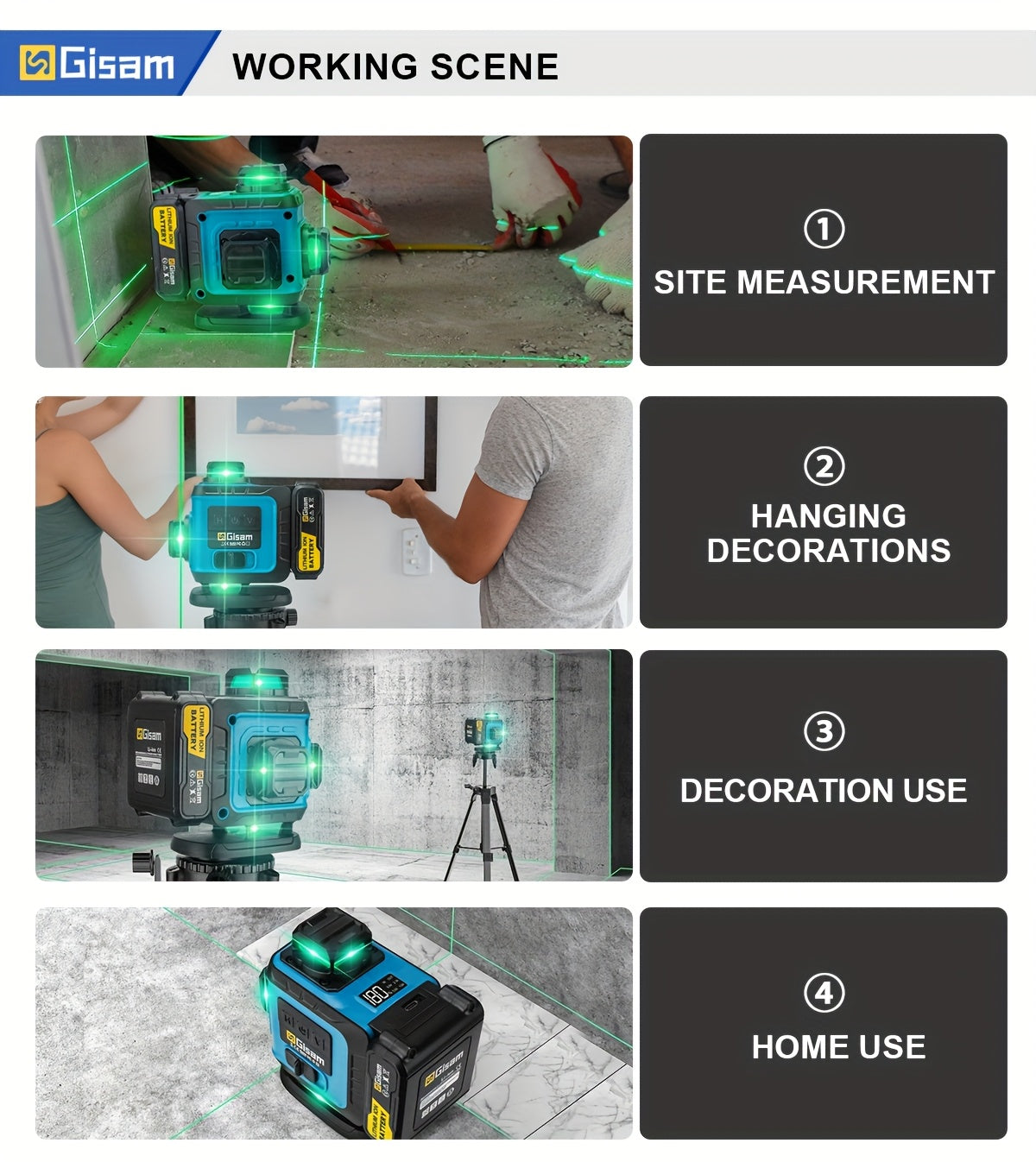 Niveau laser 4D vert Gisam 16 lignes avec trépied et contrôle par application, 4 x 360° auto-nivellement horizontal vertical croisé, outil de construction haute précision avec batterie lithium rechargeable, pour rénovation domicile et projets d'ingénierie