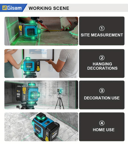 Niveau laser 4D vert Gisam 16 lignes avec trépied et contrôle par application, 4 x 360° auto-nivellement horizontal vertical croisé, outil de construction haute précision avec batterie lithium rechargeable, pour rénovation domicile et projets d'ingénierie