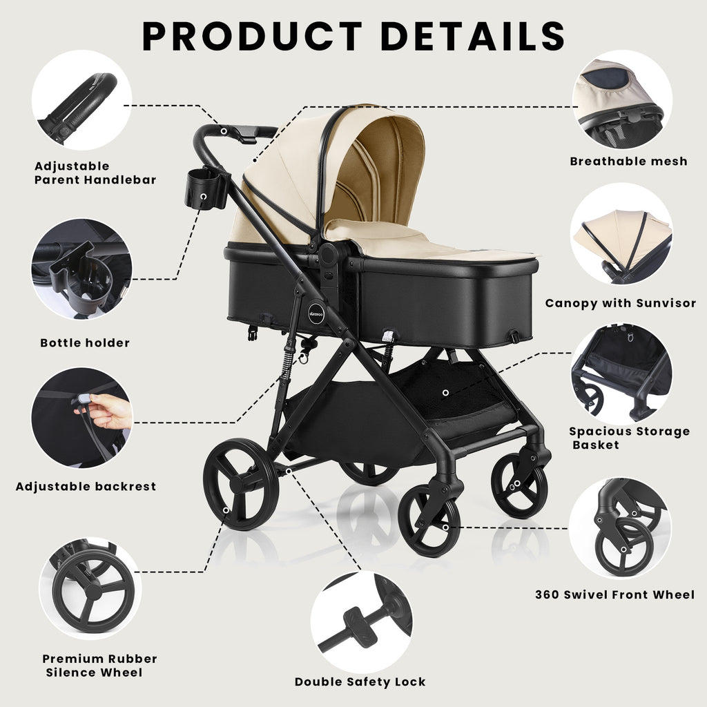 UBRAVOO Poussette 2-en-1, Poussette Pliable pour Nouveau-né avec Siège Réversible, Pare-soleil, Panier de Rangement Extra-Large, Porte-Gobelet, Harnais 5 Points, Siège Réglable, Conception Légère et Pliage à Une Main (Ne Convient Pas comme Porte-Bébé)