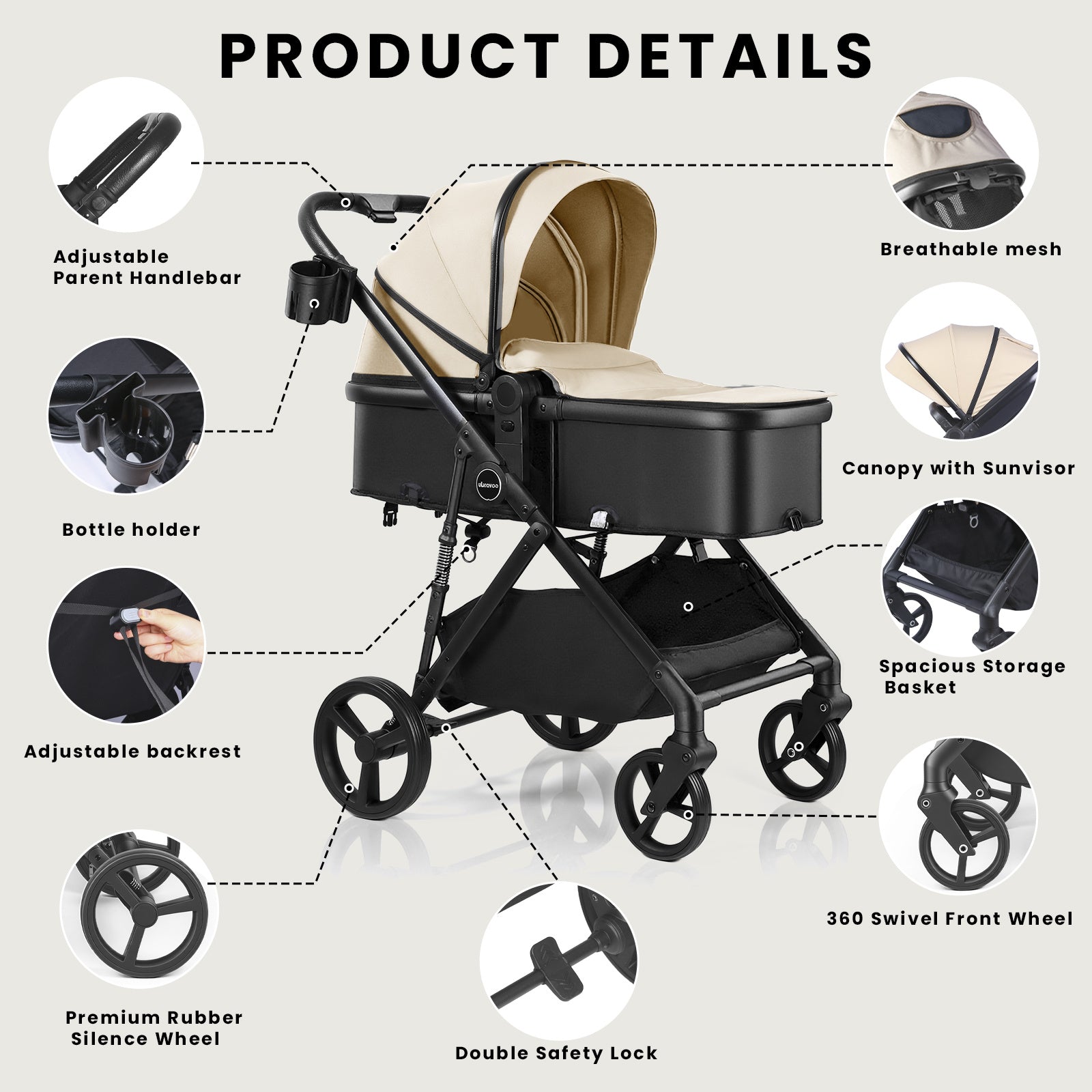 UBRAVOO Poussette 2-en-1, Poussette Pliable pour Nouveau-né avec Siège Réversible, Pare-soleil, Panier de Rangement Extra-Large, Porte-Gobelet, Harnais 5 Points, Siège Réglable, Conception Légère et Pliage à Une Main (Ne Convient Pas comme Porte-Bébé)