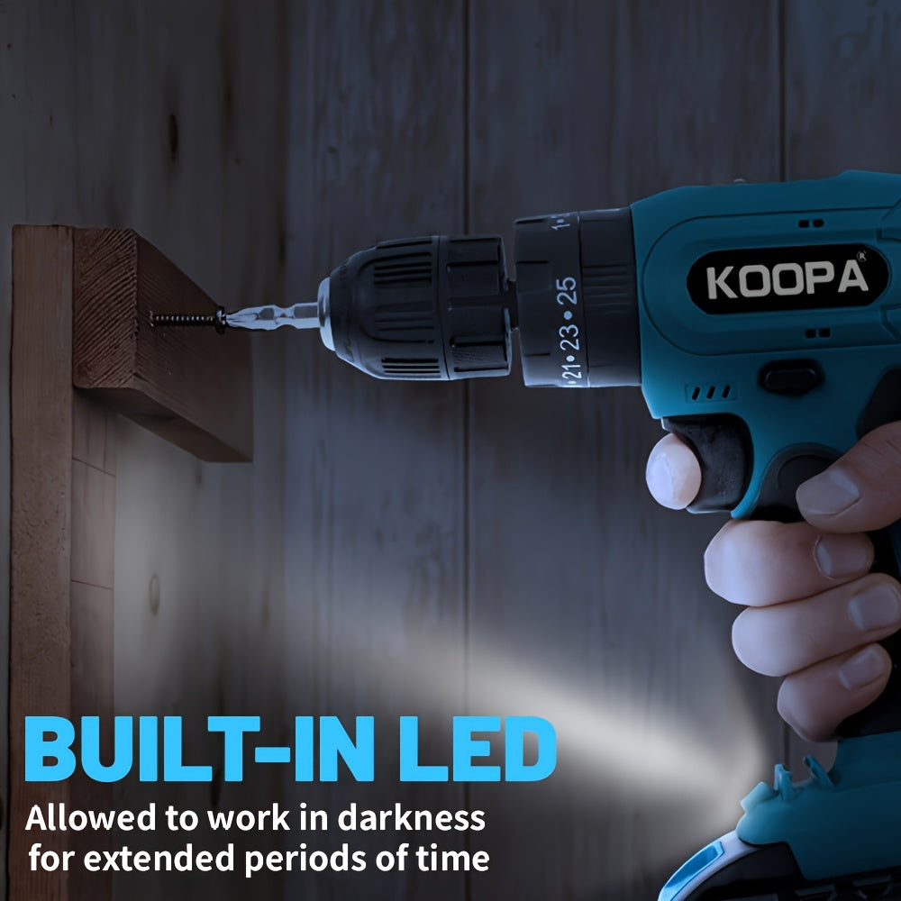 KOOPA TOOL Tournevis Électrique, Kit de Perceuse 21V, Tournevis de Perçage à 3 Niveaux de Couple 25, Équipé d'une Fonction de Perceuse à Impact et de Batterie Rechargeable, Adapté à une Boîte à Outils pour Toutes les Décorations Ménagères Quotidiennes