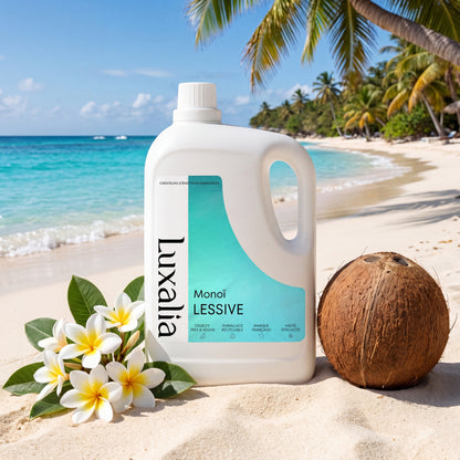 Lessive Monoï 5 Litres - Sans Conservateurs MIT / BIT / CMIT - Fleur de Tiaré & Noix de Coco - Jusqu'à 200 Lavages - Efficace à Froid & Cycle Court - Luxalia