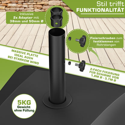 Tillvex® Support de Parasol GRAVIA avec Roues et Freins | Support de Parasol Remplissable 37 Litres / 56 kg | Adapté aux Parasols de Soleil et de Marché Ø 1,8-3,7 m | Roulable, Résistant aux Intempéries et aux UV pour Balcon, Terrasse, Jardin, Petits et G