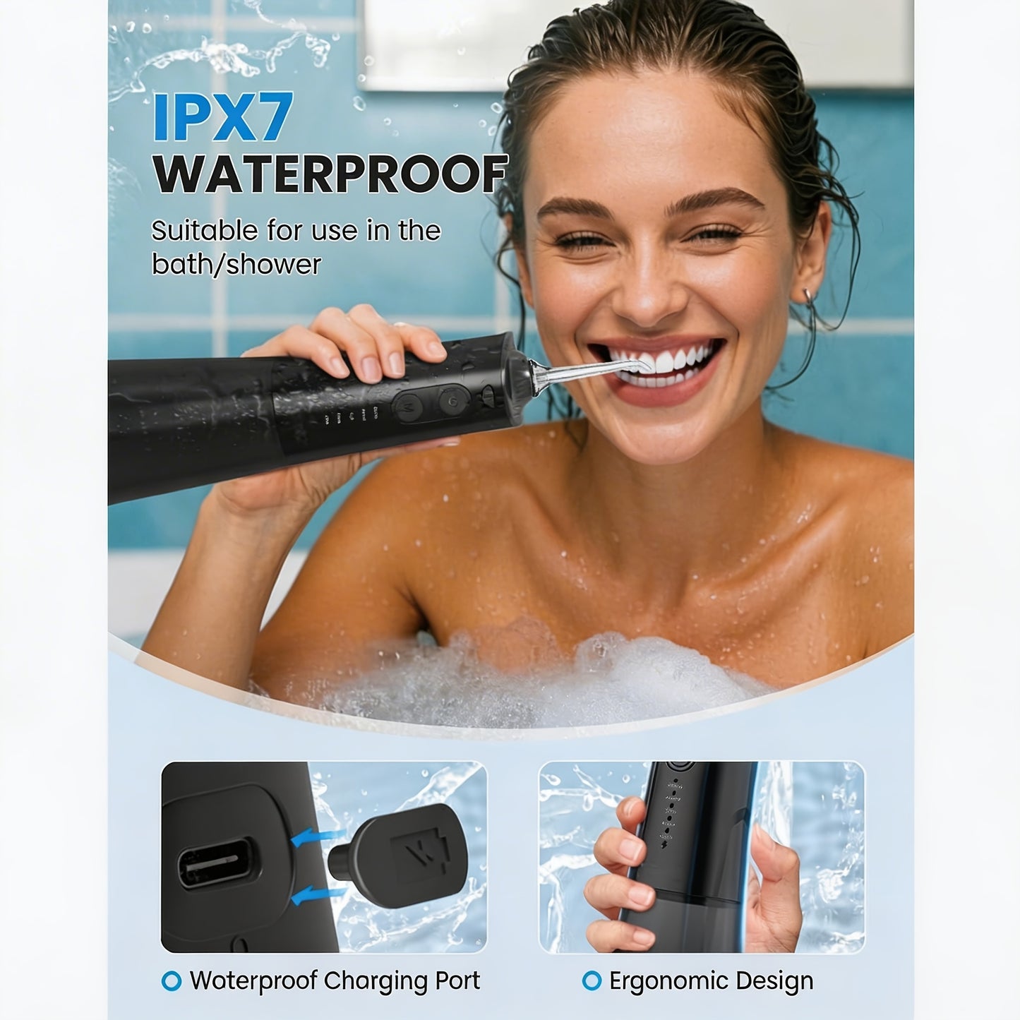 Irrigateur Buccal Portable Rechargeable, Hydropulseur Dentaire, Irrigateur Dentaire Professionnel sans Fil 8 Buses 5 Modes, IPX7 Étanche 300ML pour le Nettoyage des Dents, Maison & Voyage