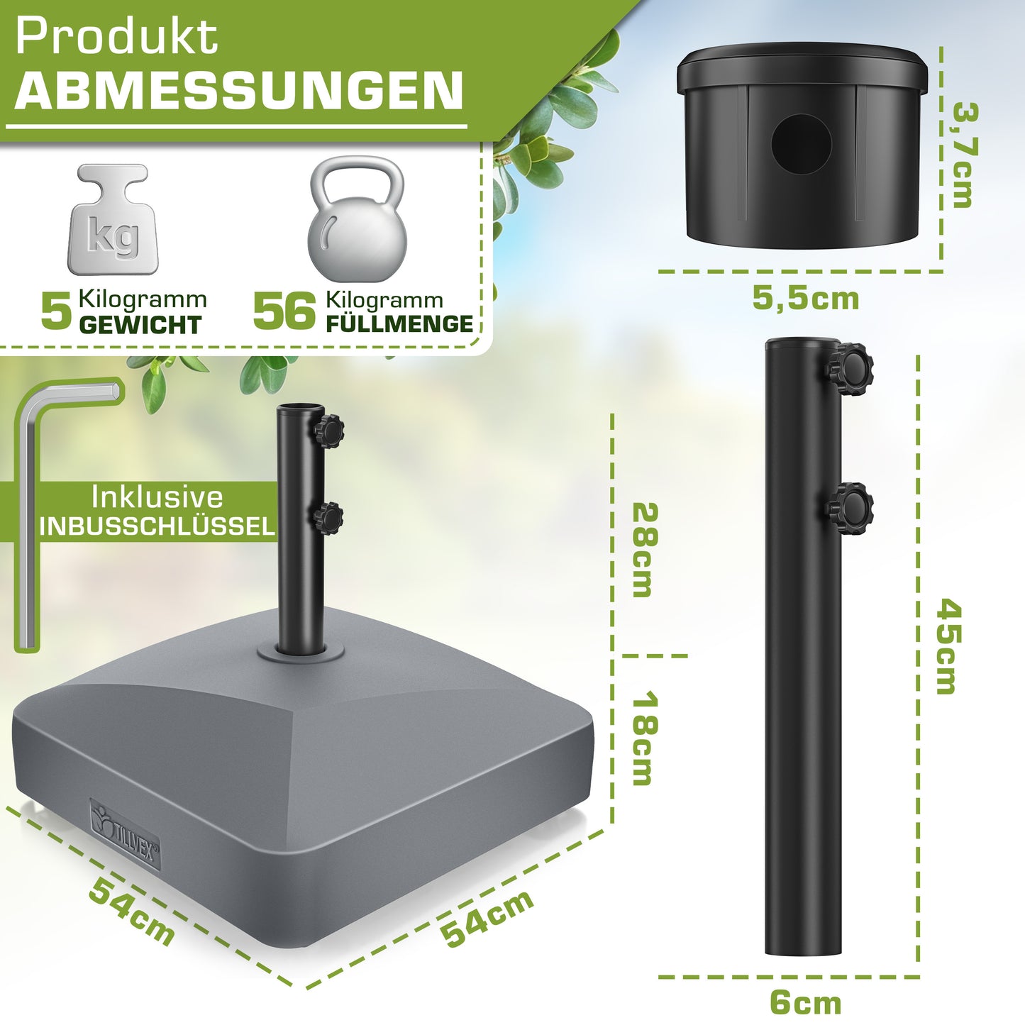 Tillvex® Support de Parasol GRAVIA avec Roues et Freins | Support de Parasol Remplissable 37 Litres / 56 kg | Adapté aux Parasols de Soleil et de Marché Ø 1,8-3,7 m | Roulable, Résistant aux Intempéries et aux UV pour Balcon, Terrasse, Jardin, Petits et G