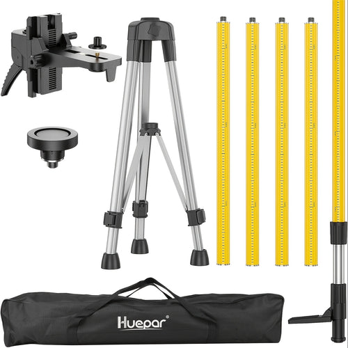 Perche Laser Professionnelle Huepar LP36A 12ft/3.7m Télescopique Réglable avec Trépied & Adaptateurs de Montage Laser 1/4"-20 + 5/8"-11 - Compatible avec Lasers Rotatifs/Lignes