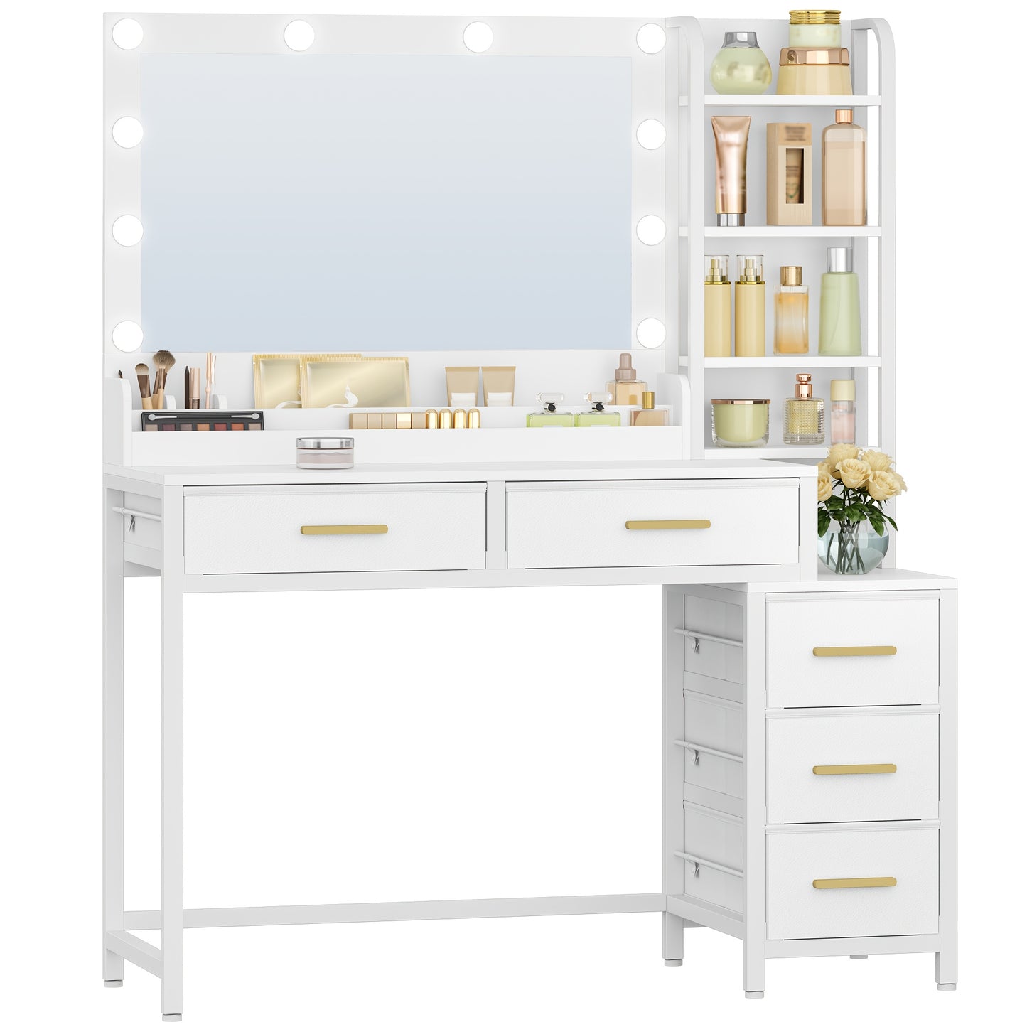 Coiffeuse avec grand miroir, 5 tiroirs, 5 compartiments ouverts, espace de rangement devant le miroir, moderne, blanche, 40 × 110 × 141 cm