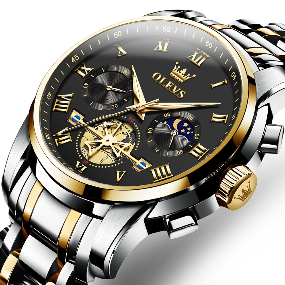 Montres pour Hommes OLEVS Montre à Quartz de Luxe avec Bracelet en Acier Inoxydable, Numéros Romains et Phases Lunaires Lumineuses, Classique Élégante, Cadeaux Romantiques de Noël, Relojes de Hombre Bleu/Noir/Blanche/Cadran Doré