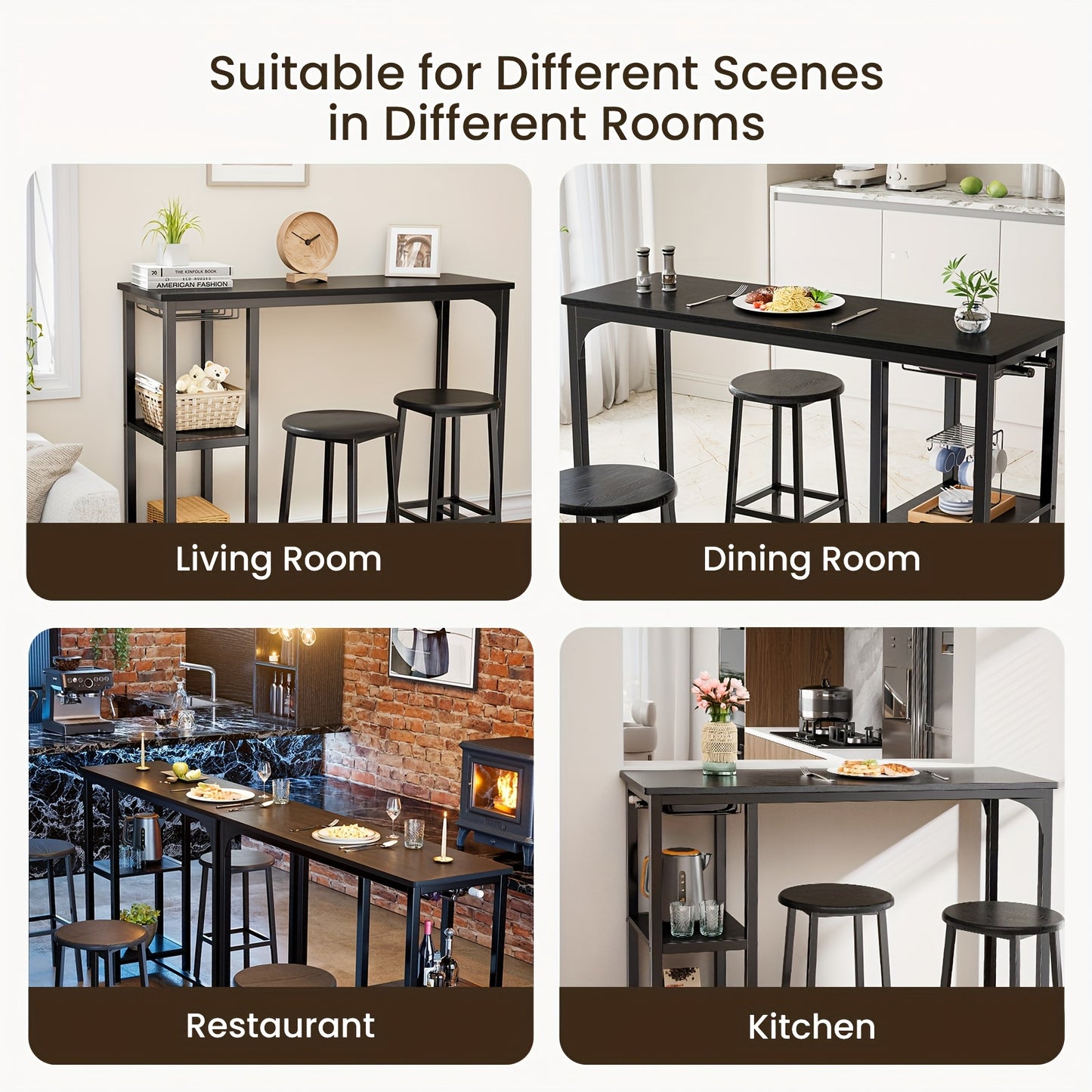 Ensemble de table et de chaises de bar 3 pièces, ensemble de table de bar moderne en fonte noire avec 2 tabourets, ensemble de table industrielle et de tabouret de bar, plateau en bois, table de pub rectangulaire avec étagères et porte-verres, pour cuisin