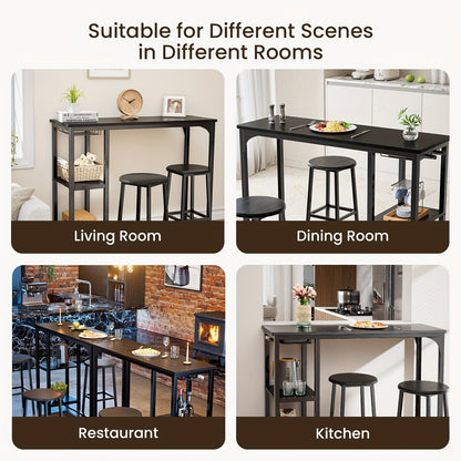 Ensemble de table et de chaises de bar 3 pièces, ensemble de table de bar moderne en fonte noire avec 2 tabourets, ensemble de table industrielle et de tabouret de bar, plateau en bois, table de pub rectangulaire avec étagères et porte-verres, pour cuisin