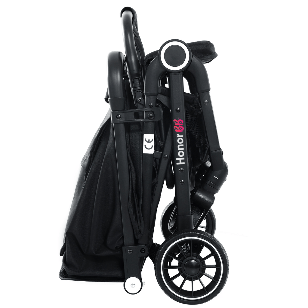HonorBB ZOA Poussette Canne Bébé Légère et Compacte, 0-3 Ans, 0-15 kg, 3 Positions Inclinables, Pliage Automatique, Bandoulière, Moustiquaire et Protection Pluie Offerts – Essential Black