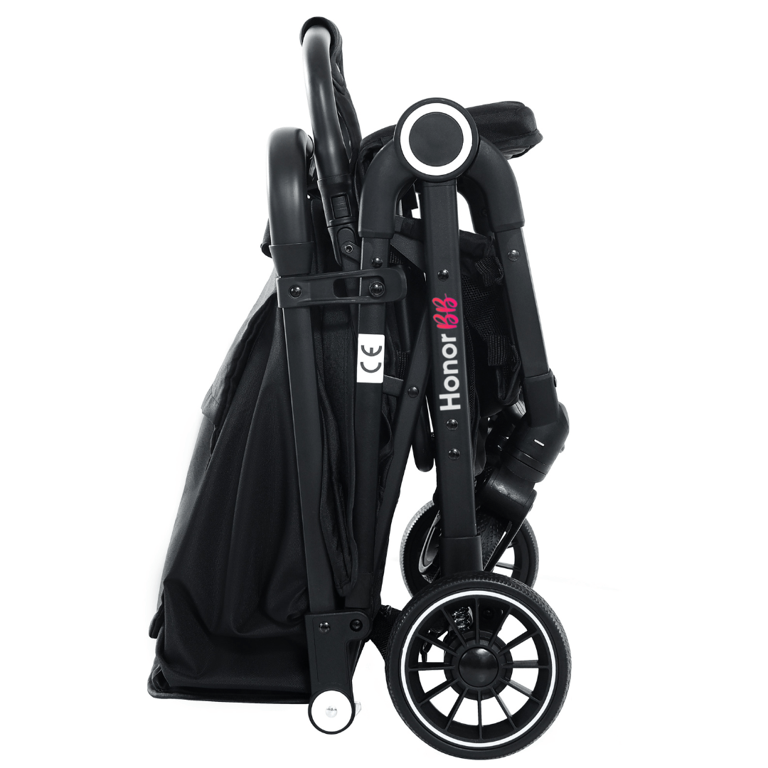 HonorBB ZOA Poussette Canne Bébé Légère et Compacte, 0-3 Ans, 0-15 kg, 3 Positions Inclinables, Pliage Automatique, Bandoulière, Moustiquaire et Protection Pluie Offerts – Essential Black