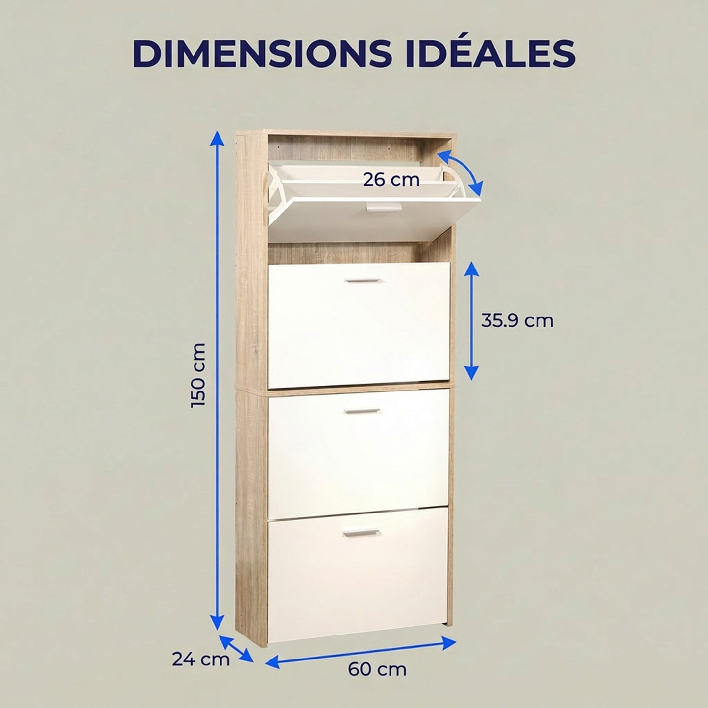 Meuble à chaussures avec 4 compartiments à rabat, armoire à chaussures en bois pour jusqu'à 24 paires, organisateur d'entrée peu encombrant