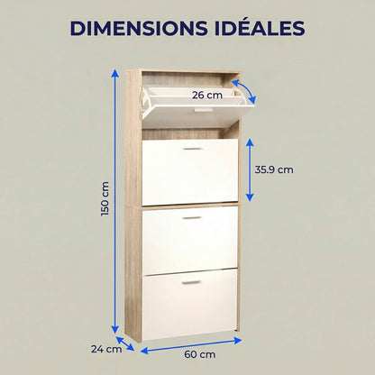Meuble à chaussures avec 4 compartiments à rabat, armoire à chaussures en bois pour jusqu'à 24 paires, organisateur d'entrée peu encombrant