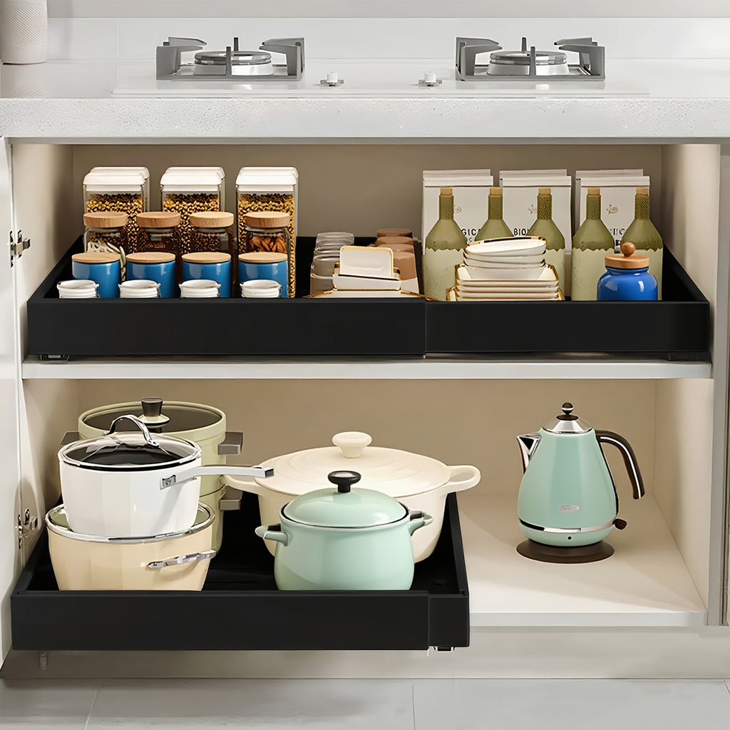 Un lot de 2 organisateurs d'armoire coulissants - étagère extensible à tiroirs adhésifs robuste, adaptée aux armoires de cuisine et étagères escamotables, idéale pour organiser le garde-manger, 31 cm-52 cm réglable (noir, blanc)