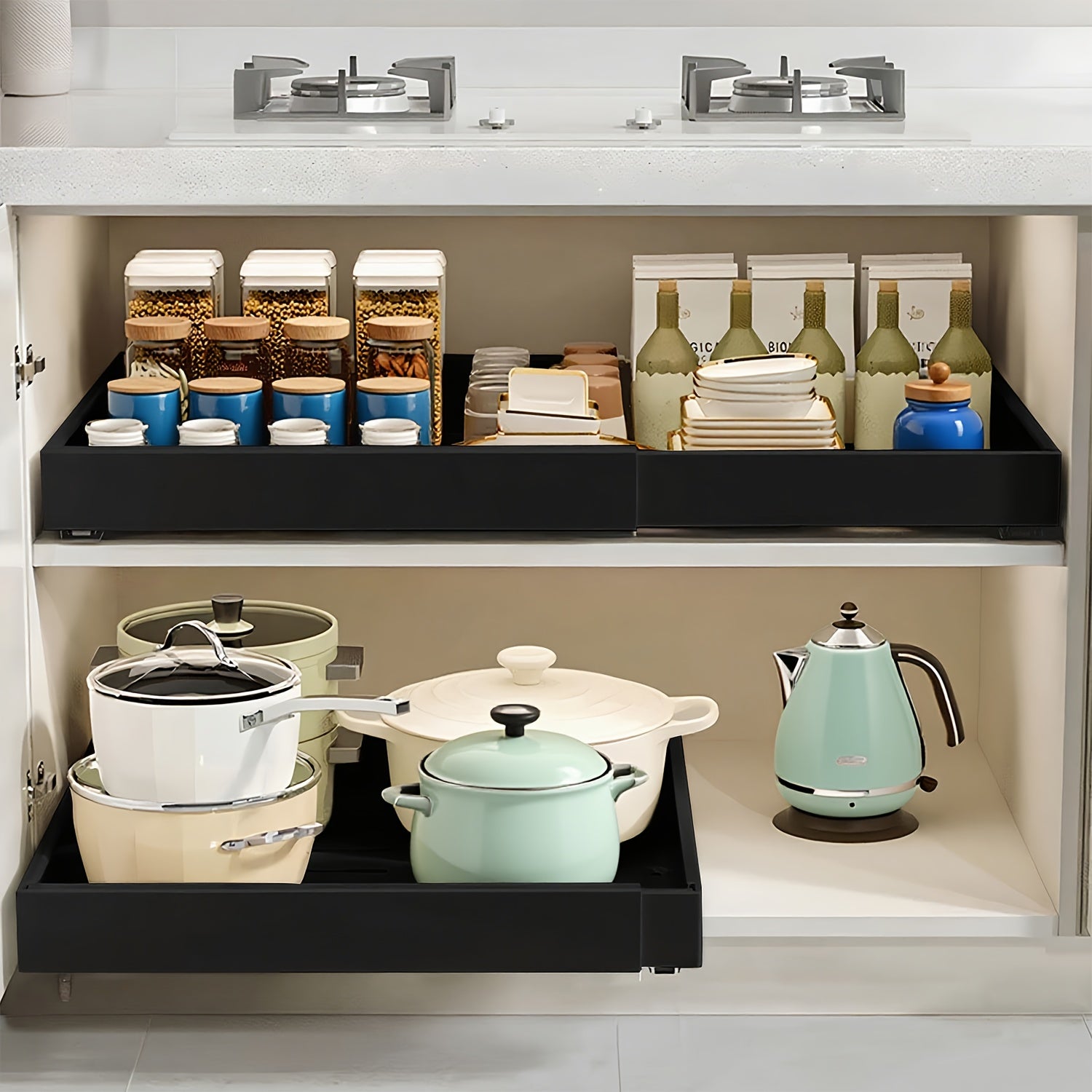 Un lot de 2 organisateurs d'armoire coulissants - étagère extensible à tiroirs adhésifs robuste, adaptée aux armoires de cuisine et étagères escamotables, idéale pour organiser le garde-manger, 31 cm-52 cm réglable (noir, blanc)
