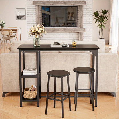 Ensemble de table et de chaises de bar 3 pièces, ensemble de table de bar moderne en fonte noire avec 2 tabourets, ensemble de table industrielle et de tabouret de bar, plateau en bois, table de pub rectangulaire avec étagères et porte-verres, pour cuisin