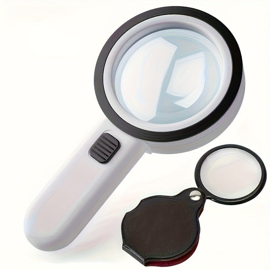 [Loupe LED Haute Définition] 10X Loupe à Main + Mini Loupe Pliante (Lot de 2 Pièces), Haute Définition et Puissance Élevée Avec LED et Lentille en Verre Double Couche, Diamètre 90/110mm, Adapté pour la Lecture des Personnes Âgées, l'Appréciation des Bijou