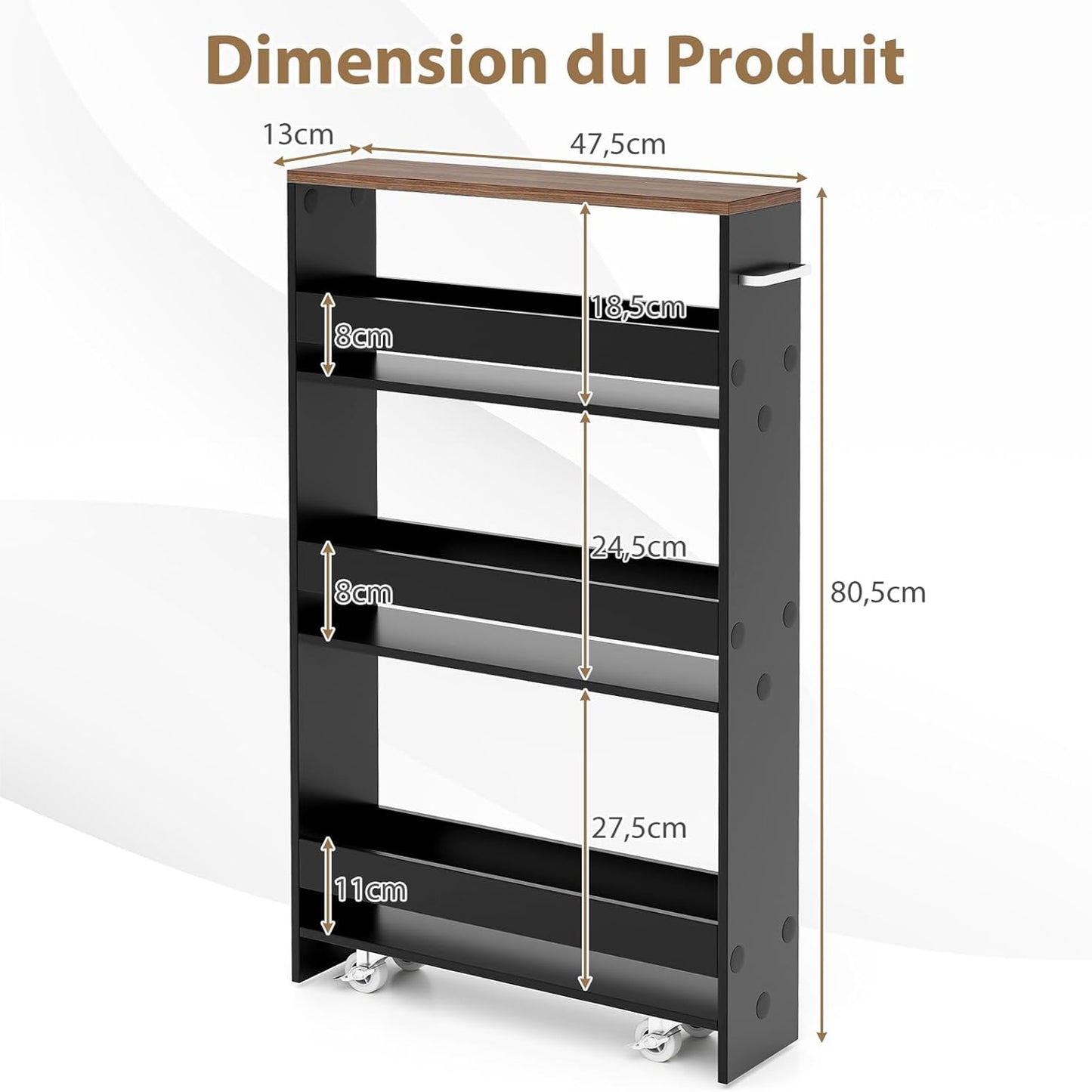 Trolley de rangement étroit à quatre niveaux, trolley de cuisine mobile étroit avec étagères ouvertes, compact pour la cuisine