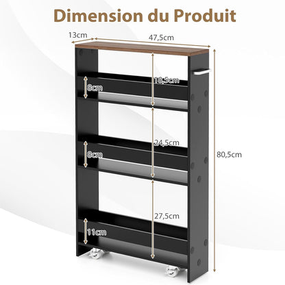 Trolley de rangement étroit à quatre niveaux, trolley de cuisine mobile étroit avec étagères ouvertes, compact pour la cuisine