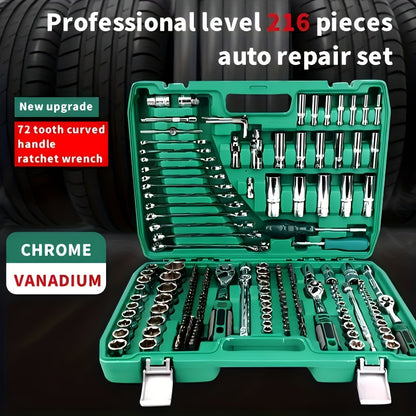 Lot de 216 et 53 pièces, trousse d'outils mécanique professionnelle haut de gamme, douilles standard et de profondeur 1/2" * 1/4" 3/8" drive, clé à cliquet, clé dynamométrique, pour réparation auto pièces et outillage mécanique ménager, outils réparation