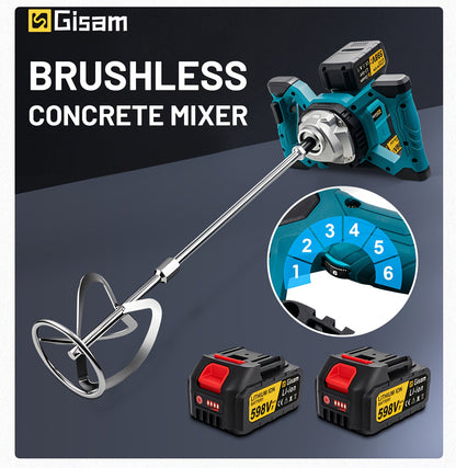 Gisam Bétonnière sans balais 18V, Malaxeur à palette sans fil 1500W, Malaxeur électrique pour plâtre, Malaxeur à peinture réglable sur 6 vitesses, Tige filetée M14, Outil électrique portatif pour mélanger le ciment, la peinture, le mortier et le plâtre po