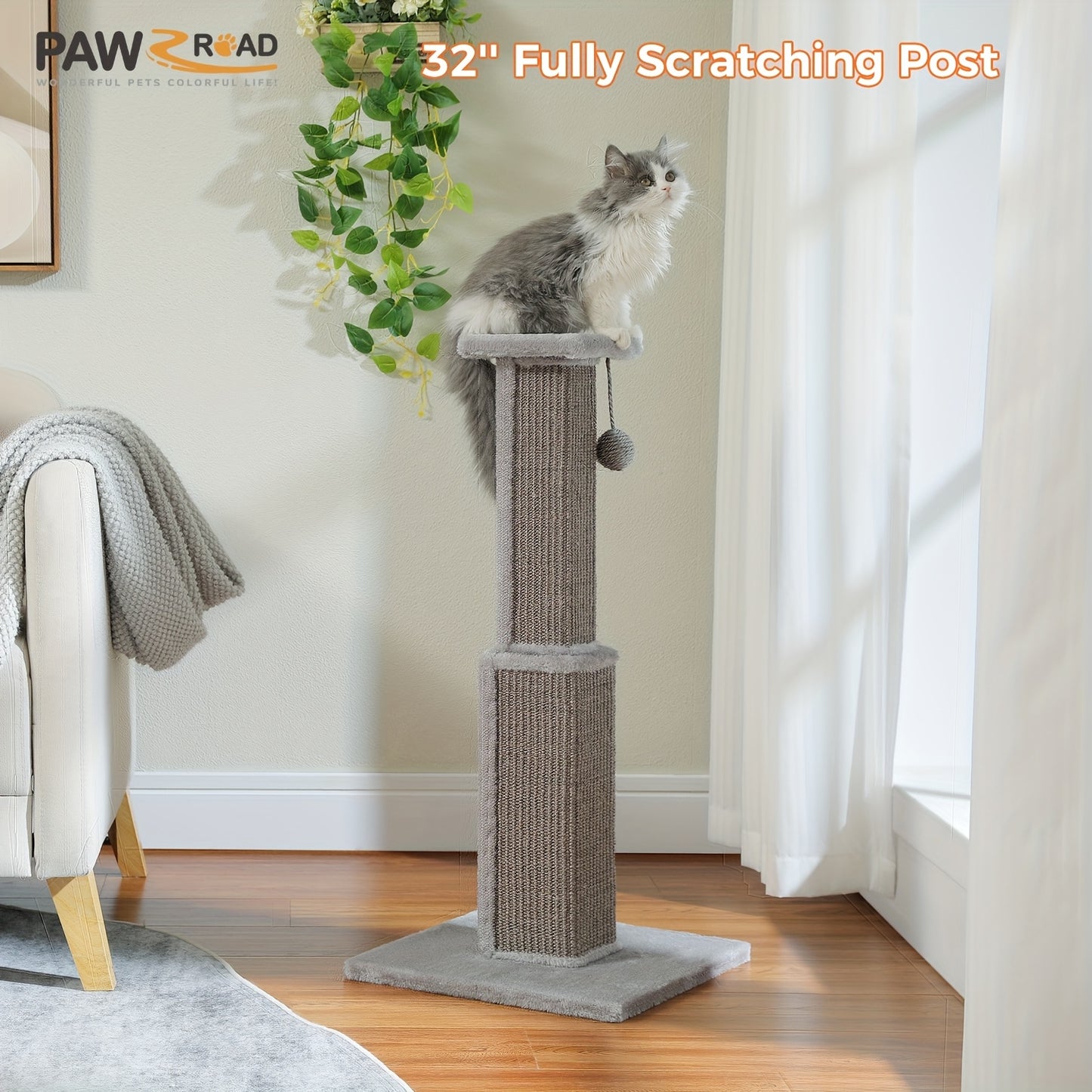 Griffoir pour chat PAWZ Road Large, 80 cm de haut, pour chats adultes d'intérieur, griffoir ultime avec sisal tissé, grande base et balle suspendue amovible