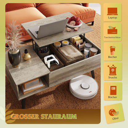Table Basse Réglable en Hauteur, Extensible, Table de Salon avec Grand Compartiment de Rangement Caché, Plateau de Levage, Table Basse pour Bureau, Table de Canapé