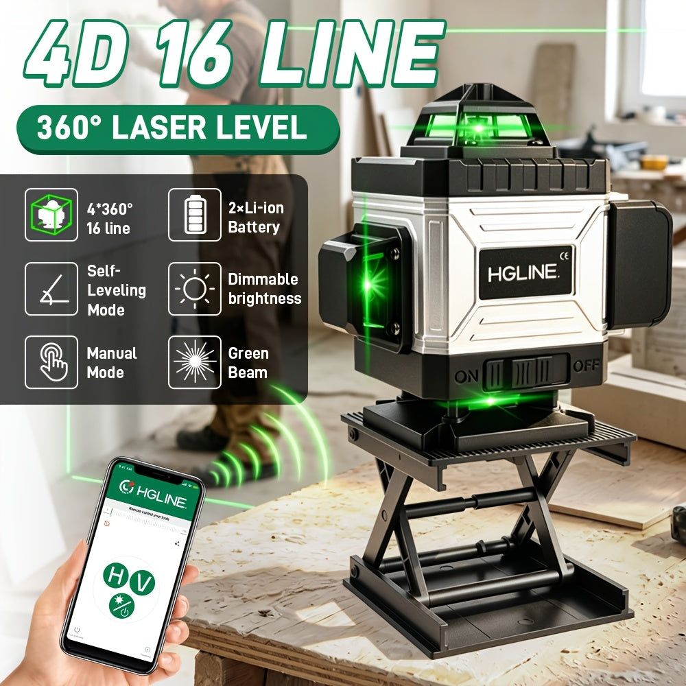 1 Ensemble Niveau Laser 16 Lignes 360 Nivellement Automatique, Outil de Niveau Laser à Ligne Croisée Verte 4X360° pour la Construction et la Suspension de Tableaux, Niveau Laser 4D