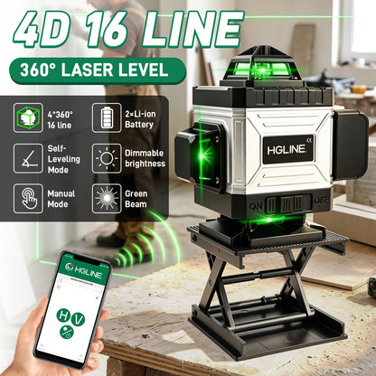 1 Ensemble Niveau Laser 16 Lignes 360 Nivellement Automatique, Outil de Niveau Laser à Ligne Croisée Verte 4X360° pour la Construction et la Suspension de Tableaux, Niveau Laser 4D