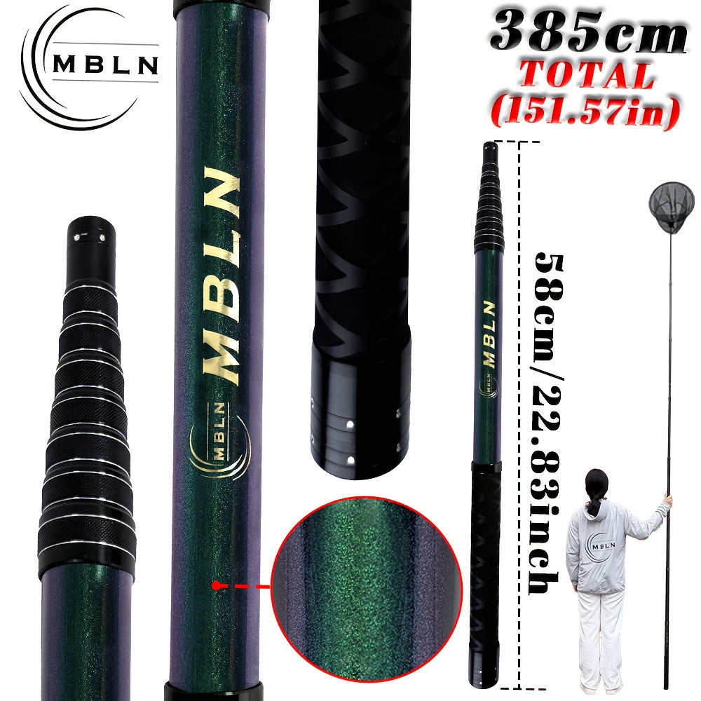 MBLN Canne de Filet de Pêche Réglable - Longueur Totale 385cm, Conception Télescopique Pliable, Cadre en Alliage d'Aluminium-Magnésium avec Tête de Filet à Manche Caméléon de 45cm, Léger & Durable pour Gros Poissons, Accessoire de Pêche Portable, Filet de