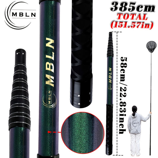 MBLN Canne de Filet de Pêche Réglable - Longueur Totale 385cm, Conception Télescopique Pliable, Cadre en Alliage d'Aluminium-Magnésium avec Tête de Filet à Manche Caméléon de 45cm, Léger & Durable pour Gros Poissons, Accessoire de Pêche Portable, Filet de