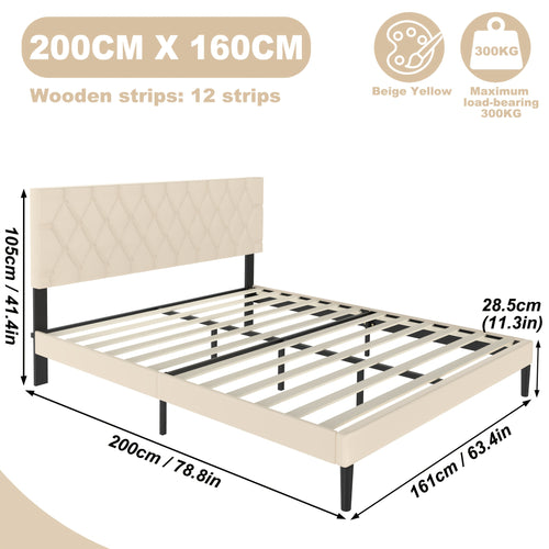 Lit de 90/140/160 x 200 cm en Similicuir avec Tête de Lit et Plateforme, Cadre de Lit Matelassé Beige pour Chambre à Coucher
