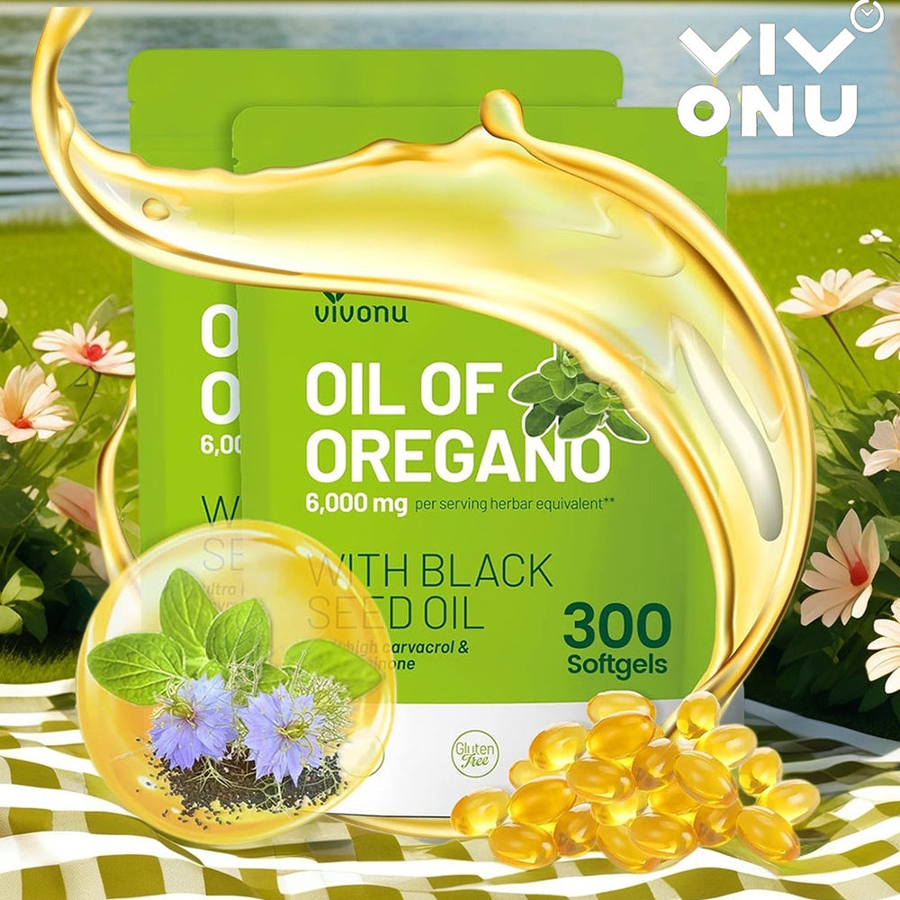 VIVONU Huile d'origan plus huile de graine noire, huile d'origan équilibrée en capsules, gélules d'huile d'origan, carbophénol, thyquinone