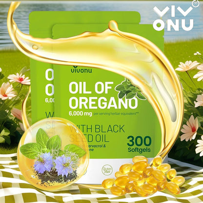 VIVONU Huile d'origan plus huile de graine noire, huile d'origan équilibrée en capsules, gélules d'huile d'origan, carbophénol, thyquinone
