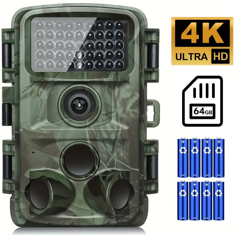 Caméra de chasse 4K 64MP avec vision nocturne à faible lumière, écran 5.08 cm pour la surveillance de la faune en extérieur