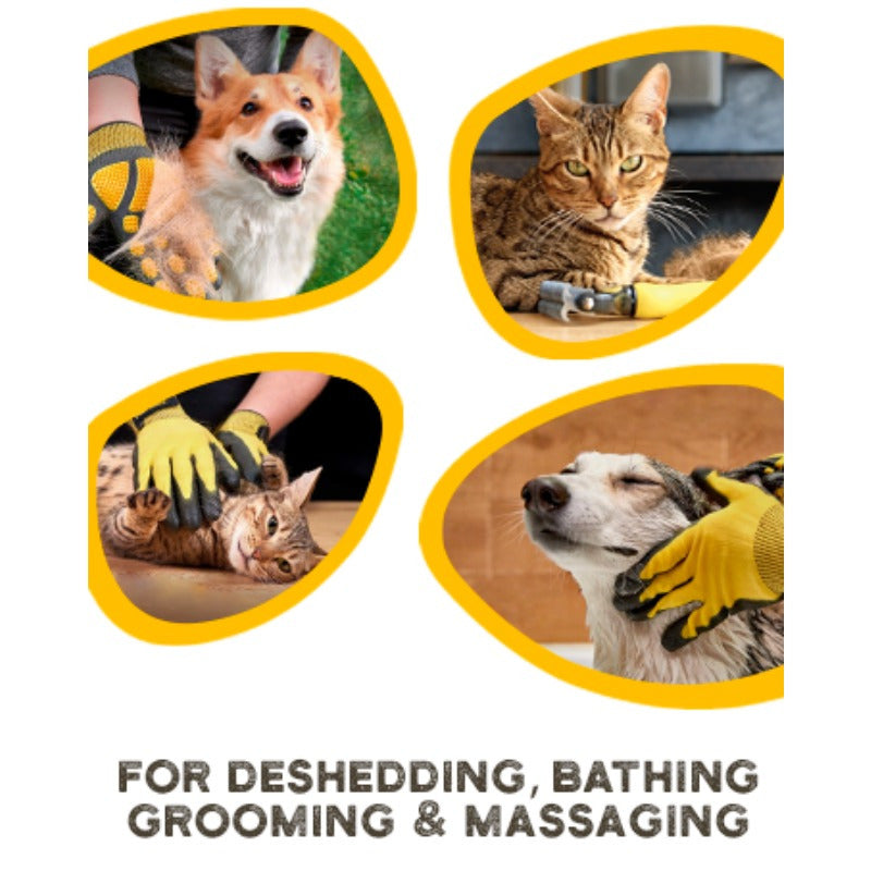 Gants de toilettage et de bain pour animaux de compagnie - Gants anti-peluches adaptés aux animaux avec des poils longs et courts, efficaces pour enlever les poils des chats, des chiens et des chevaux (Jaune)