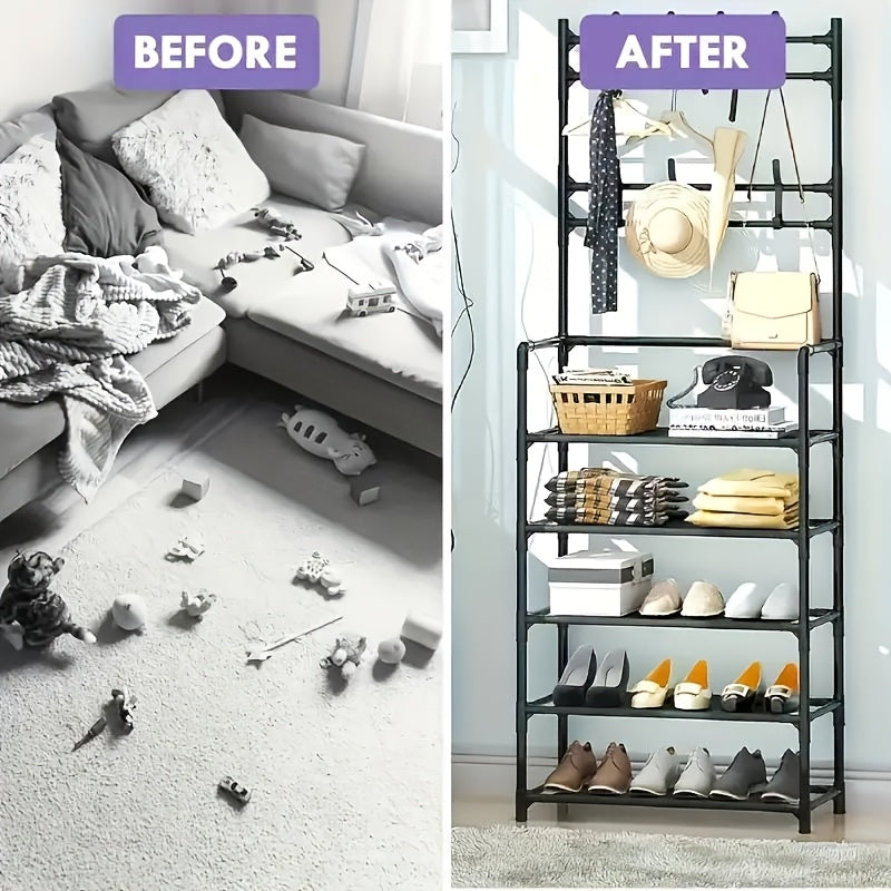 Porte-chaussures de Rangement - Porte-manteau Gain de Place, Porte-chaussures à 5 Niveaux avec 8 Crochets, Structure Robuste en Métal/Plastique Doré, Conception Autoportante ou Murale pour Maison, Bureau et Magasin - Convient pour Ranger Chaussures, Mante