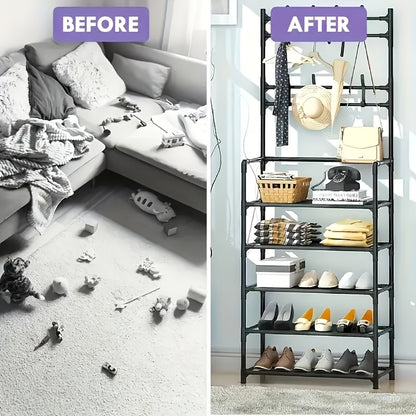 Porte-chaussures de Rangement - Porte-manteau Gain de Place, Porte-chaussures à 5 Niveaux avec 8 Crochets, Structure Robuste en Métal/Plastique Doré, Conception Autoportante ou Murale pour Maison, Bureau et Magasin - Convient pour Ranger Chaussures, Mante
