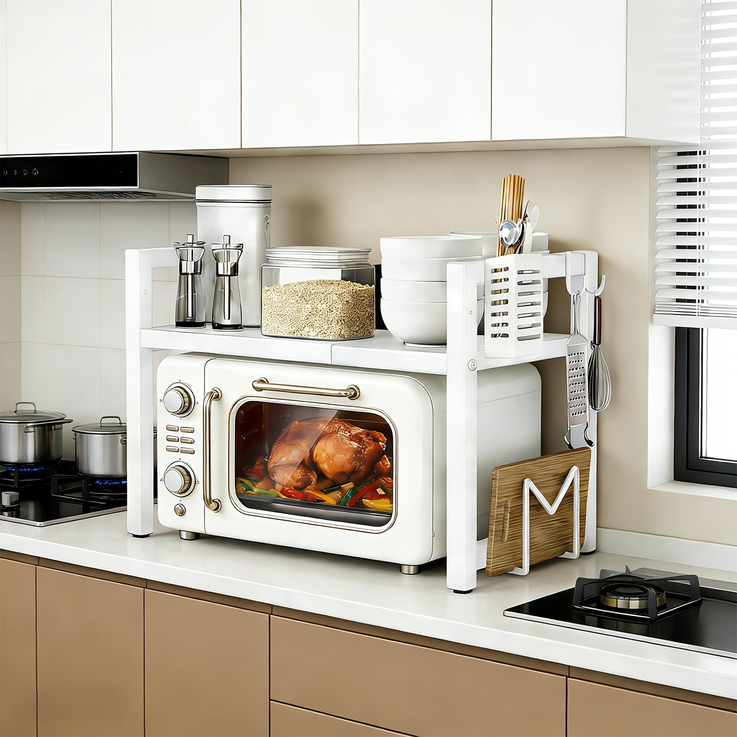 Étagère Micro-ondes Extensible 2 Niveaux avec 5 Crochets, Organisateur de Cuisine, Étagère pour Micro-ondes et Pâtisserie, Extensible de 42 à 60 cm, Noir