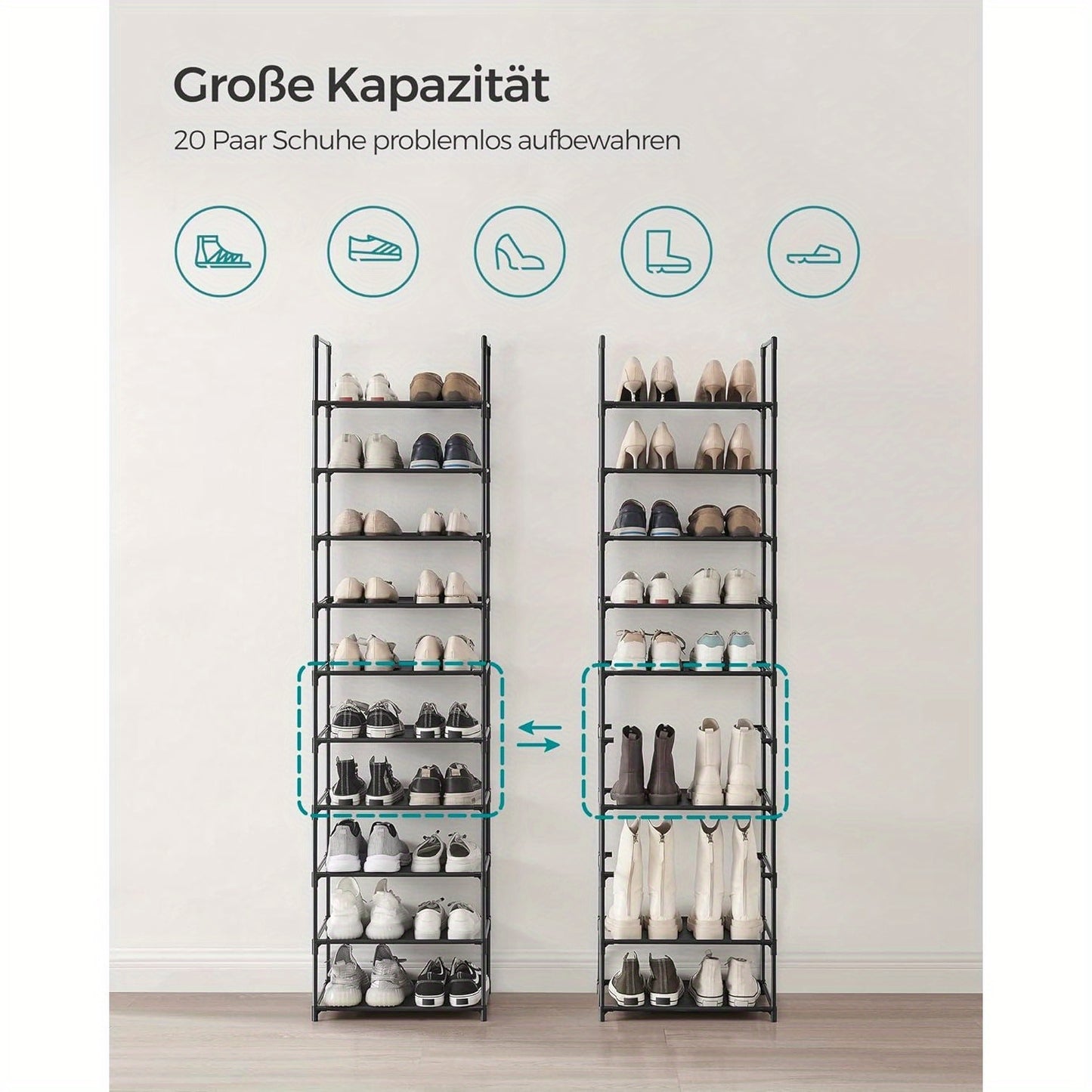 Étagère à chaussures 10 niveaux pour couloir et vestiaire, gain de place et étroite avec cadre métallique solide et polaire, pour l'entrée, la chambre, étagères amovibles, 6 kg par niveau