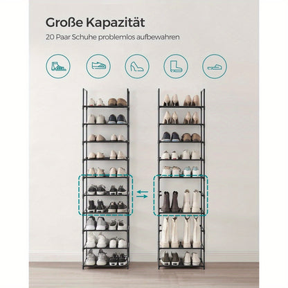 Étagère à chaussures 10 niveaux pour couloir et vestiaire, gain de place et étroite avec cadre métallique solide et polaire, pour l'entrée, la chambre, étagères amovibles, 6 kg par niveau