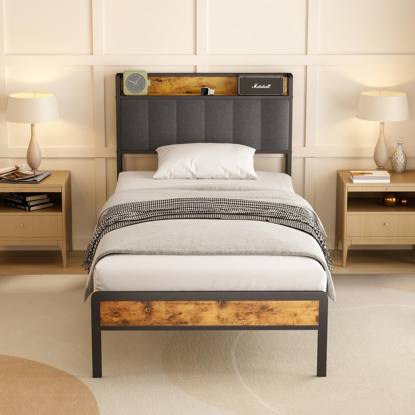 Lit double élégant et tendance en bois rembourré avec cadre en métal, support à lattes en bois et tête de lit ergonomique - Parfait pour n'importe quelle chambre (Gris foncé, Gris)