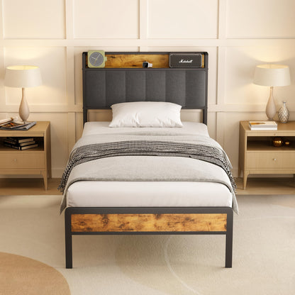 Lit double élégant et tendance en bois rembourré avec cadre en métal, support à lattes en bois et tête de lit ergonomique - Parfait pour n'importe quelle chambre (Gris foncé, Gris)