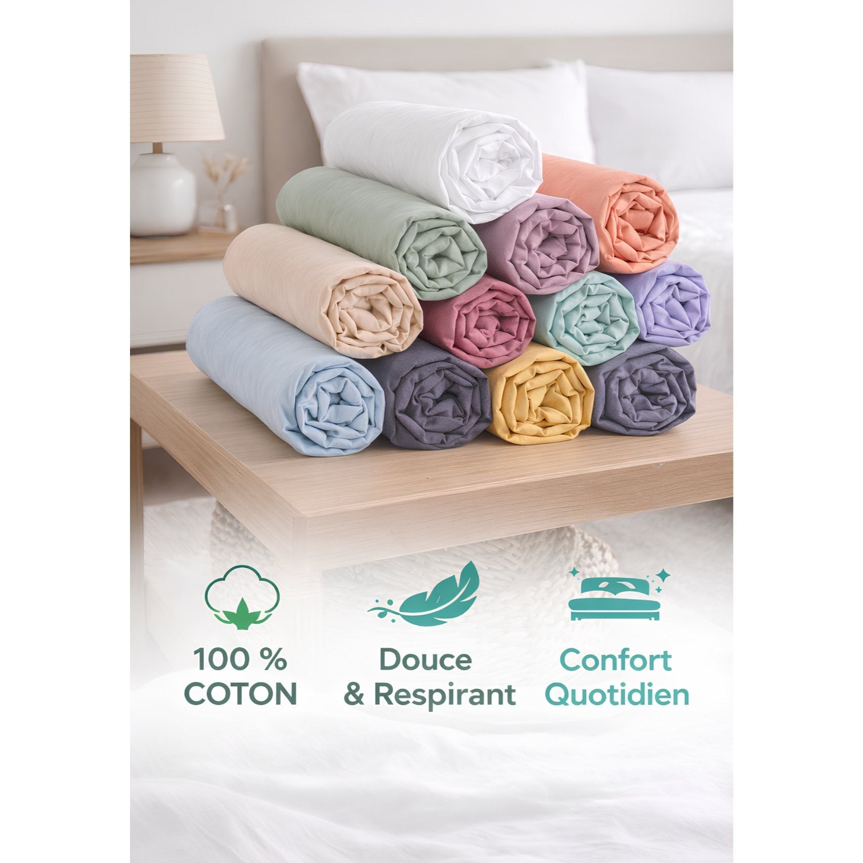 Lot de Draps Housse 100% Coton 57 Fils – Tissage Résistant, Toucher Frais, Couleurs Aléatoires